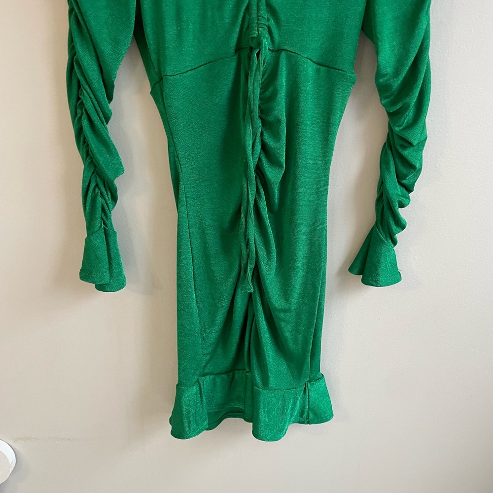 ASOS GREEN LONG RUCHED SLEEVE DRESS ADJUSTABLE RUCHED FRONT RUFFLES BELL CUFFS - Picture 4 of 10